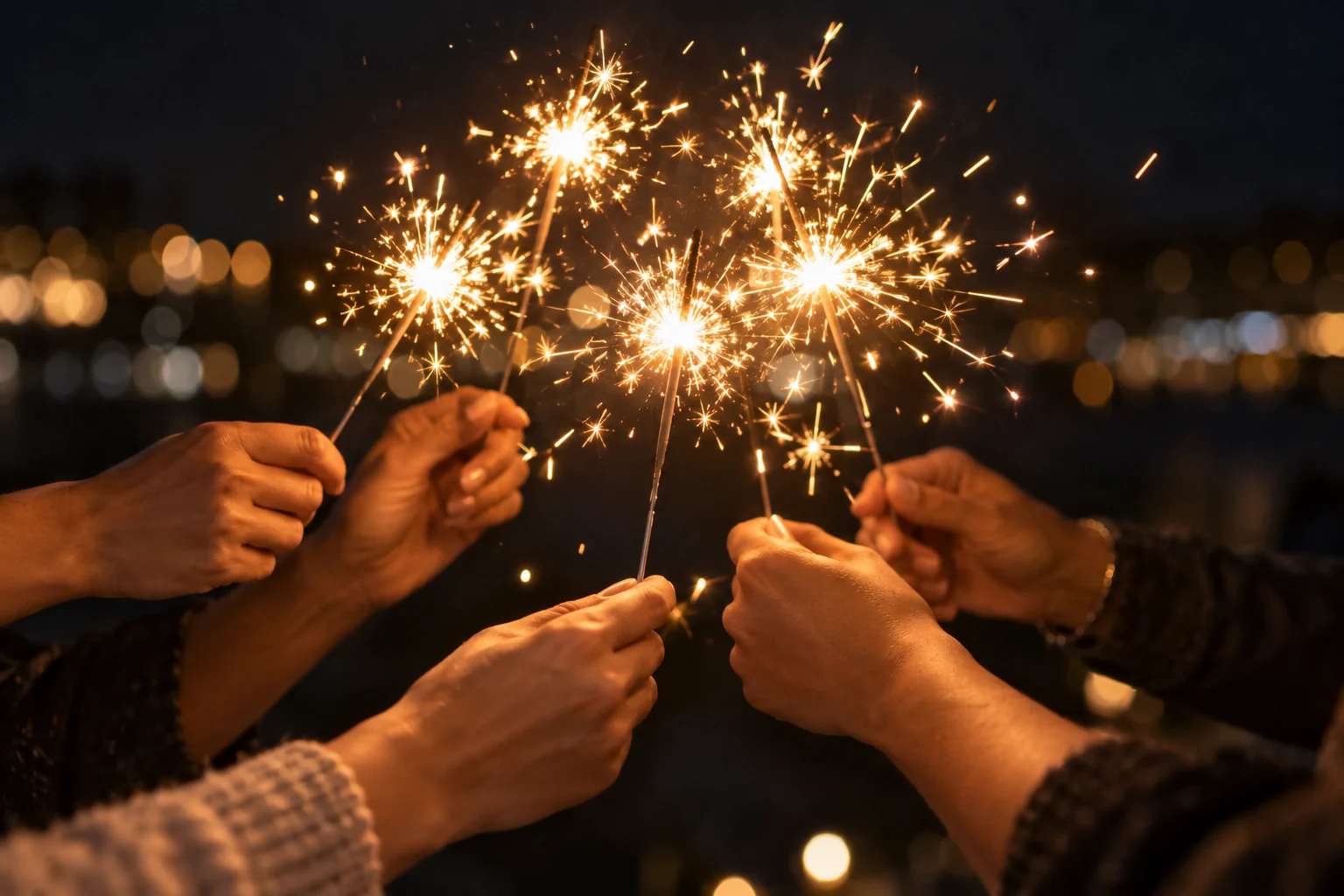 Friends bringing their glowing golden sparklers together at night